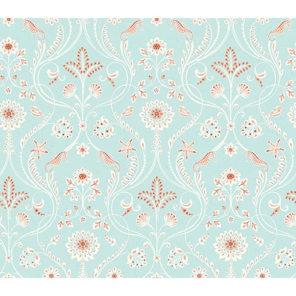 Chesapeake Island Turquoise Damask Turquoise Wallpaper Sample