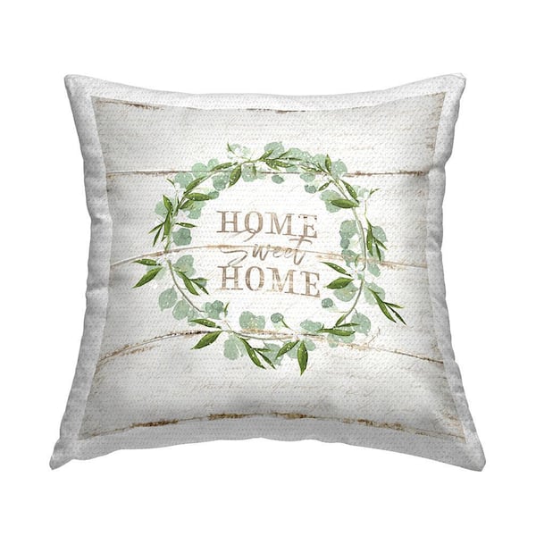 Sweet Home Greeting Eucalyptus Wreath Rustic Plank Pattern Green Square Outdoor Throw Pillow