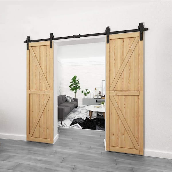 8 ft./96 in. Black Steel Sliding Barn Door Track and Hardware Kit for Double Doors with Floor Guides (J-Shape Hanger)