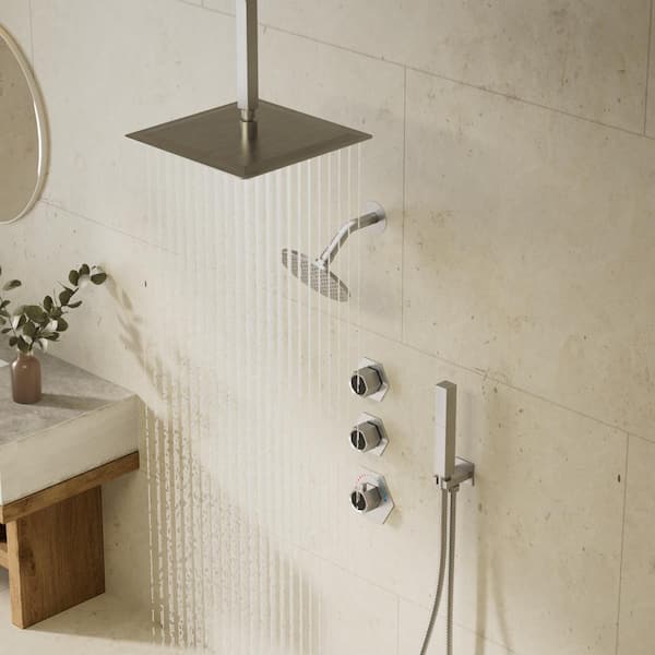 GRANDJOY FlexiRain 5-Spray Dual Ceiling Mount 12 in. Fixed and Handheld Shower Head 2.5 GPM in Brushed Nickel Valve Included