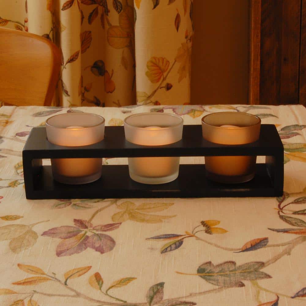 Contemporary Warm Black Wooden Tray with 3 Frosted Glass Candleholders