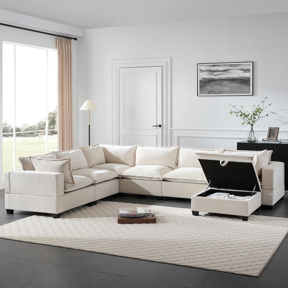 118 in. Modular U Shaped Chenille Free Combination 7 Seat Sectional Sofa in
