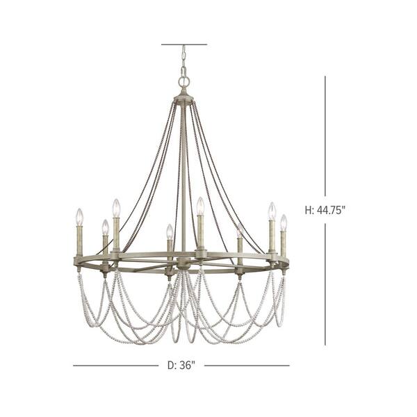 Generation Lighting - Studio Beverly 8-Light French Washed Oak and Distressed White Wood Beaded Wagon Wheel Farmhouse Candlestick Chandelier