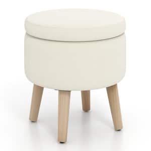 Beige Farbic Round Storage Ottoman Accent Storage Footstool with Tray for Living Room Bedroom