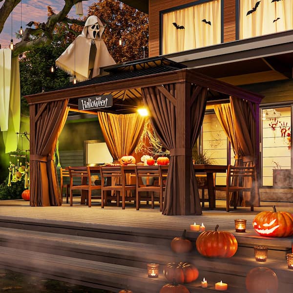 12 ft. x 10 ft. Wood Grain Double Galvanized Steel Roof Patio Hardtop Gazebo with Ceiling Hook, Curtains and Netting