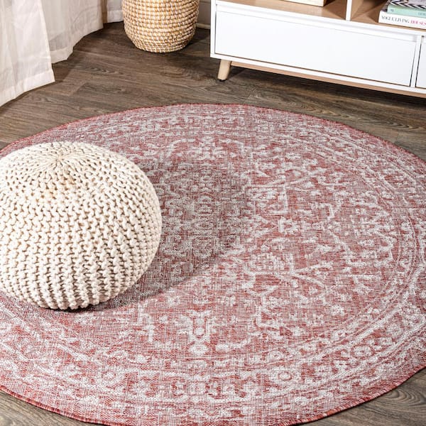 Red/Taupe 5 ft. Round Malta Bohemian Medallion Textured Weave Indoor/Outdoor Area Rug