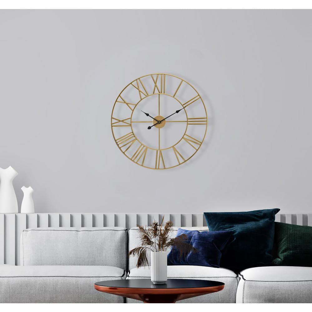Oversized Gold Metal Roman Numeral Wall Clock
