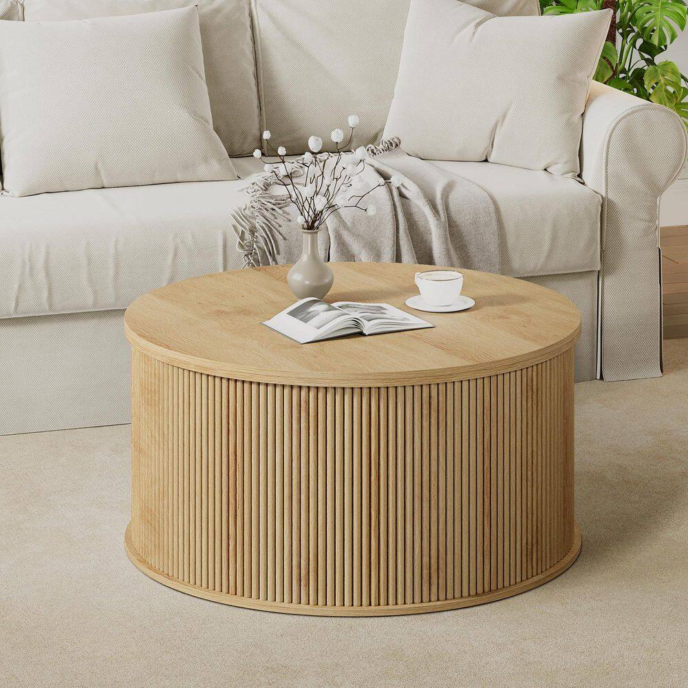 ATHMILE 31.58 in. Natural Round MDF Coffee Table with Adjustable Table ...