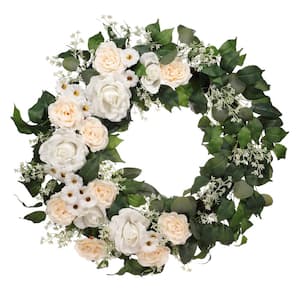 30 in. Artificial Rose, Camellia, Babysbreath Floral Spring Wreath with Green Leaves