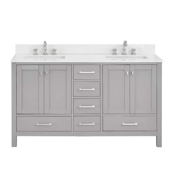 GlamourAura 60 in. W x 22 in. D x 39.25 in. H Double Sink Bath Vanity in Gray with White Engineered Stone Top