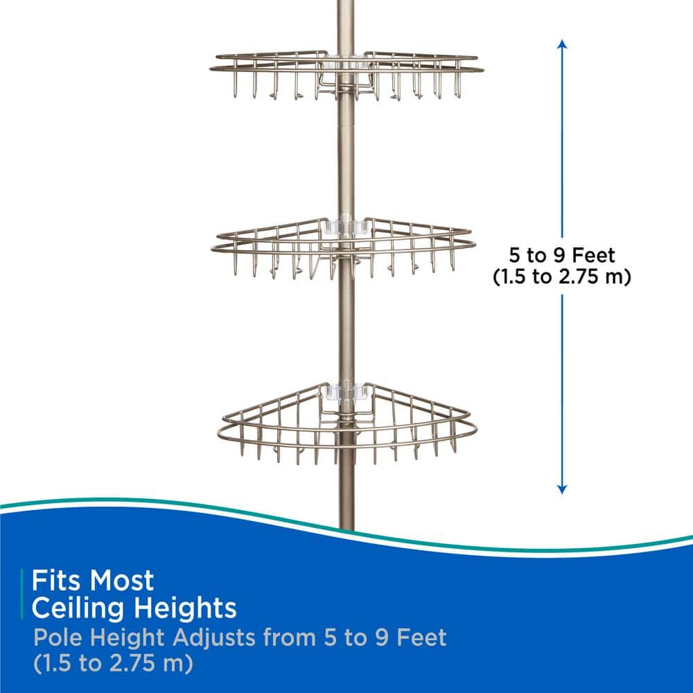 5 ft. to 9 ft. Adjustable 3-Tier Rust-Proof Stainless Steel Spring Tension Shower Corner Pole Caddy in Satin Nickel