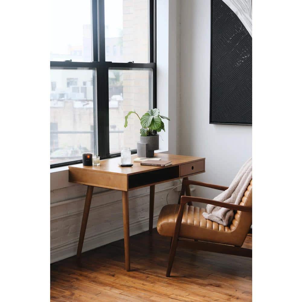Parker Light Brown Wood Mid-Century Desk with Drawer