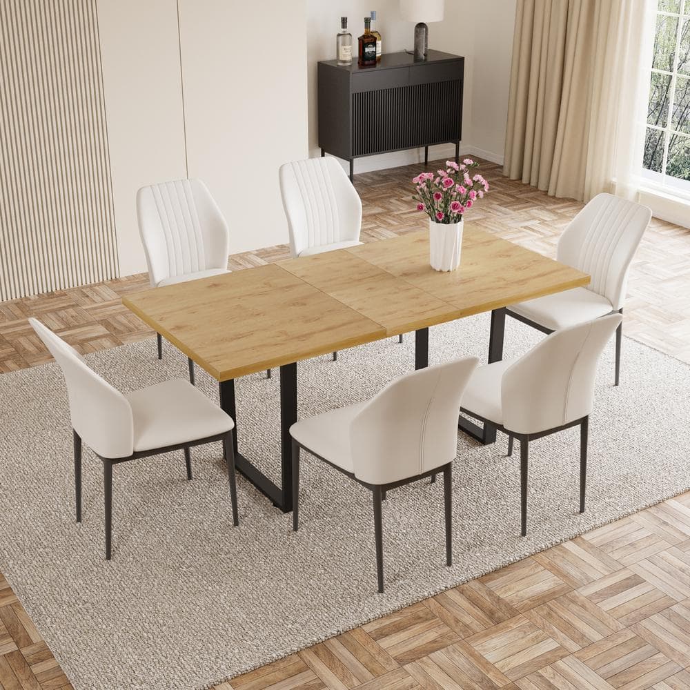 7-Piece Set of White Chairs and Oak Rectangular Retractable Dining Table with Carbon Steel Legs and 6 Modern Chairs