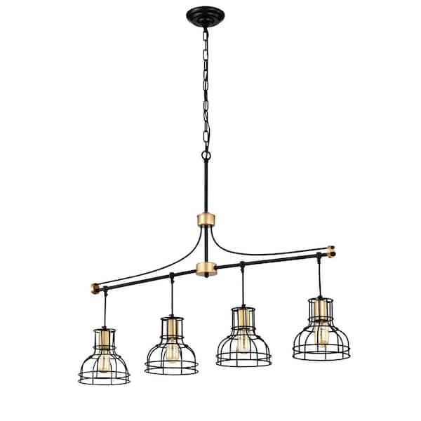 Lukyamzn 4-Light Matte Black and Gold Linear Chandelier with Metal Lampshade for Kitchen Island/Dining Room (Bulb not Included)