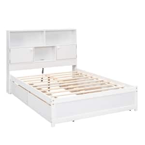 White Wood Frame Full Size Platform Bed with Storage Headboard, Charging Station and 4-Drawers