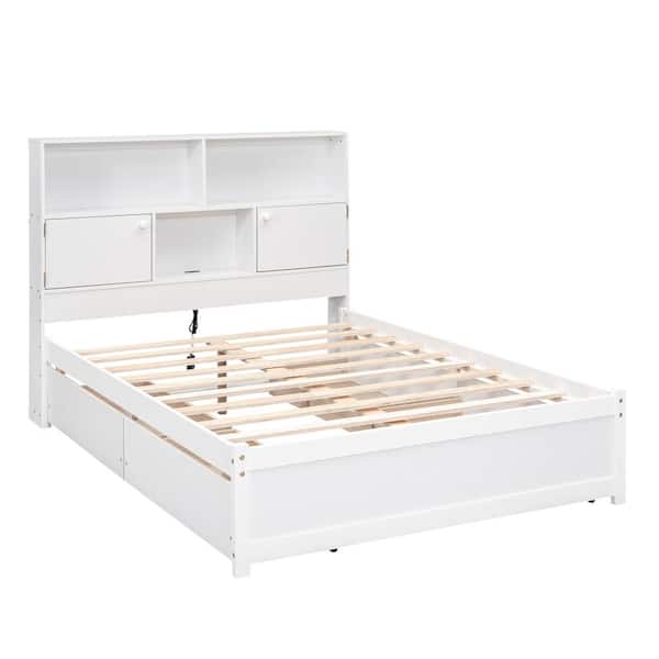 Nestfair White Wood Frame Full Size Platform Bed with Storage Headboard, Charging Station and 4-Drawers