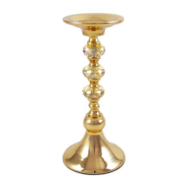 LIVING LUXURY 11 in. Gold Diamond Gem Crystal Candlestick Pillar Candle Holder