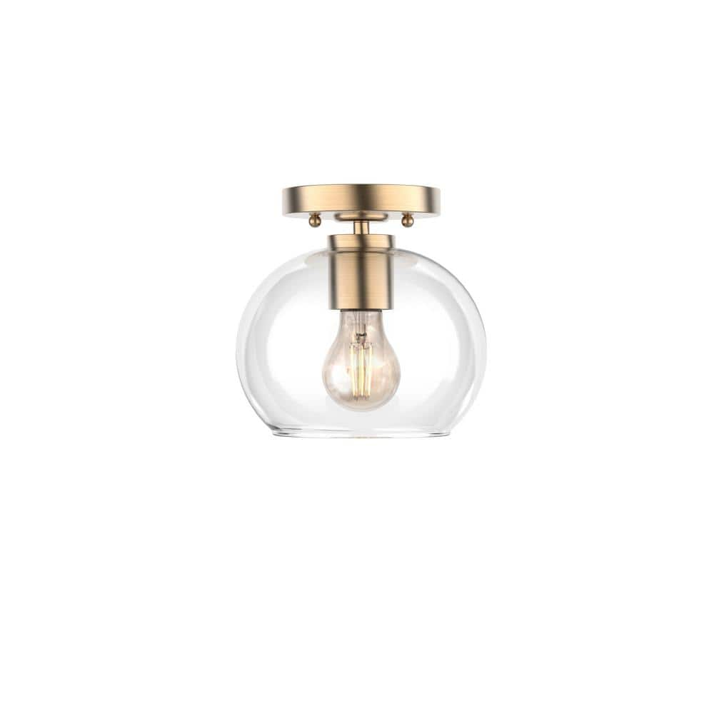 10.8 in. 1-Light Modern Industrial Brass Flush Mount Ceiling Light with Opal Fish Scale Glass