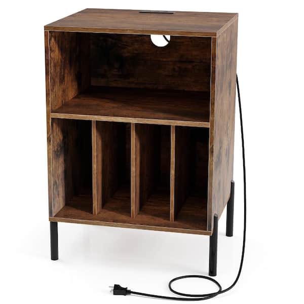 Record Player Stand, Vinyl Storage Shelf, Charging Station with Outlets and USB, Media Table