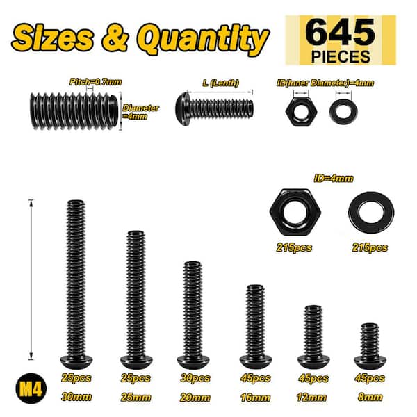 645-Piece M4 Carbon Steel Hex Button Head Socket Cap Screw Kit, Assorted Lengths