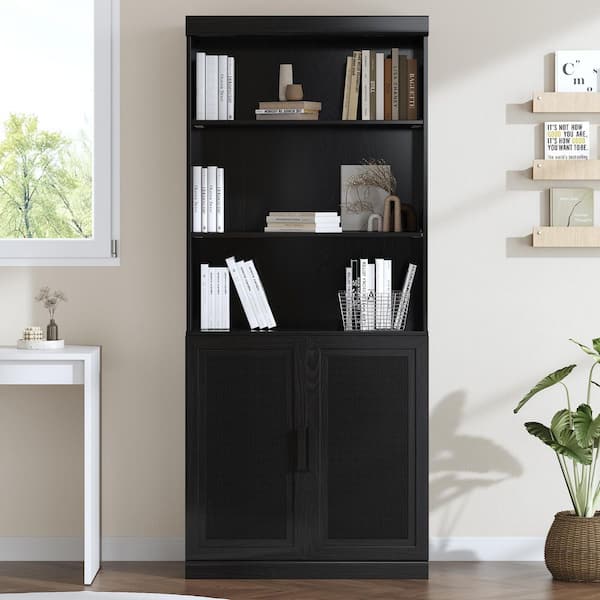72 in. Tall Black Rattan Wood 5-Shelf Accent Bookcase with Adjustable Shelves