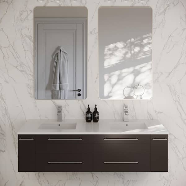 Lucera 60 in. Double Sink Wall Mount Floating Espresso Bath Vanity with White Quartz Top and Undermount Ceramic Sinks
