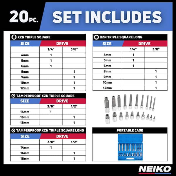 NEIKO XZN Triple Spline Square Bit Set, Extra Long 4 in. 4 mm to