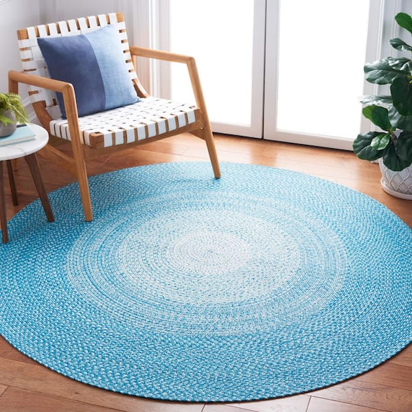 Braided Aqua  3 ft. x 3 ft. Machine Washable Ombre Border Round Area Rug