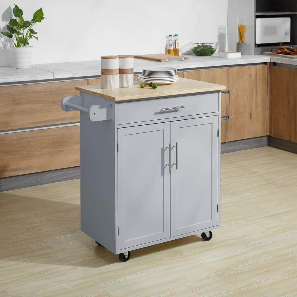 Grey Wood Rolling Kitchen Cart with Storage and Towel Rack