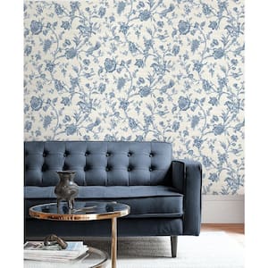 60.75 sq. ft. Yale Blue Stoney Brook Floral Paper Unpasted Wallpaper Roll