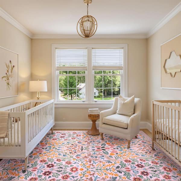 Multi-Colored Floral Plant Washable 8 ft. x 10 ft. Pink Area Rug