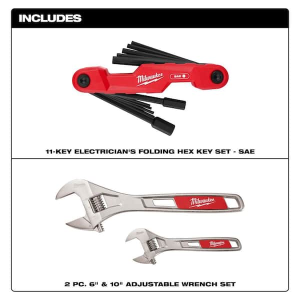 SAE Electrician's Folding Hex Key Set (11 Key) and 6" & 10" Adjustable Wrench Set (2-Piece)