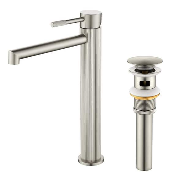 Tall Single Handle Single Hole Vessel Sink Faucet with Pop Up Drain, Vertical Stripe Design Faucet in Brushed Nickel
