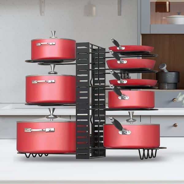 Black Adjustable 8 Tier Pan Rack Organizer for Cabinet Under Counter Anti Slip Space Saver Easy Installation