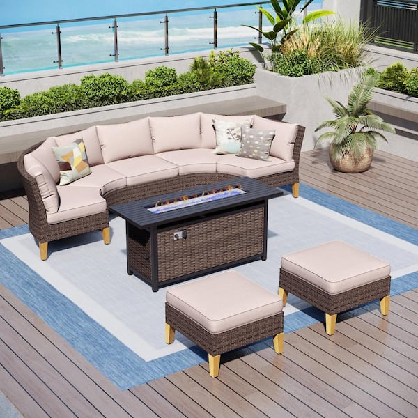 PHI VILLA Brown Rattan Wicker 7-Seat 8-Piece Steel Outdoor Fire Pit Patio Set with Beige Cushions and Rectangular Fire Pit Table