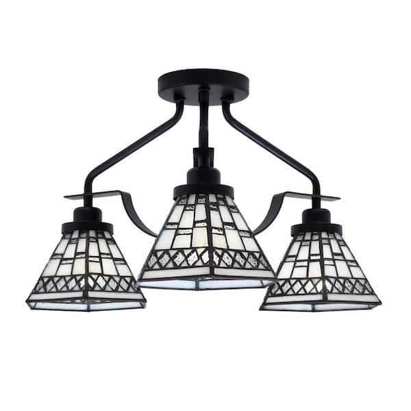 Unbranded Zara 17.25 in. 3-Light Matte Black Semi-Flush with 7 in. Pewter Art Glass Shades No Bulbs Included