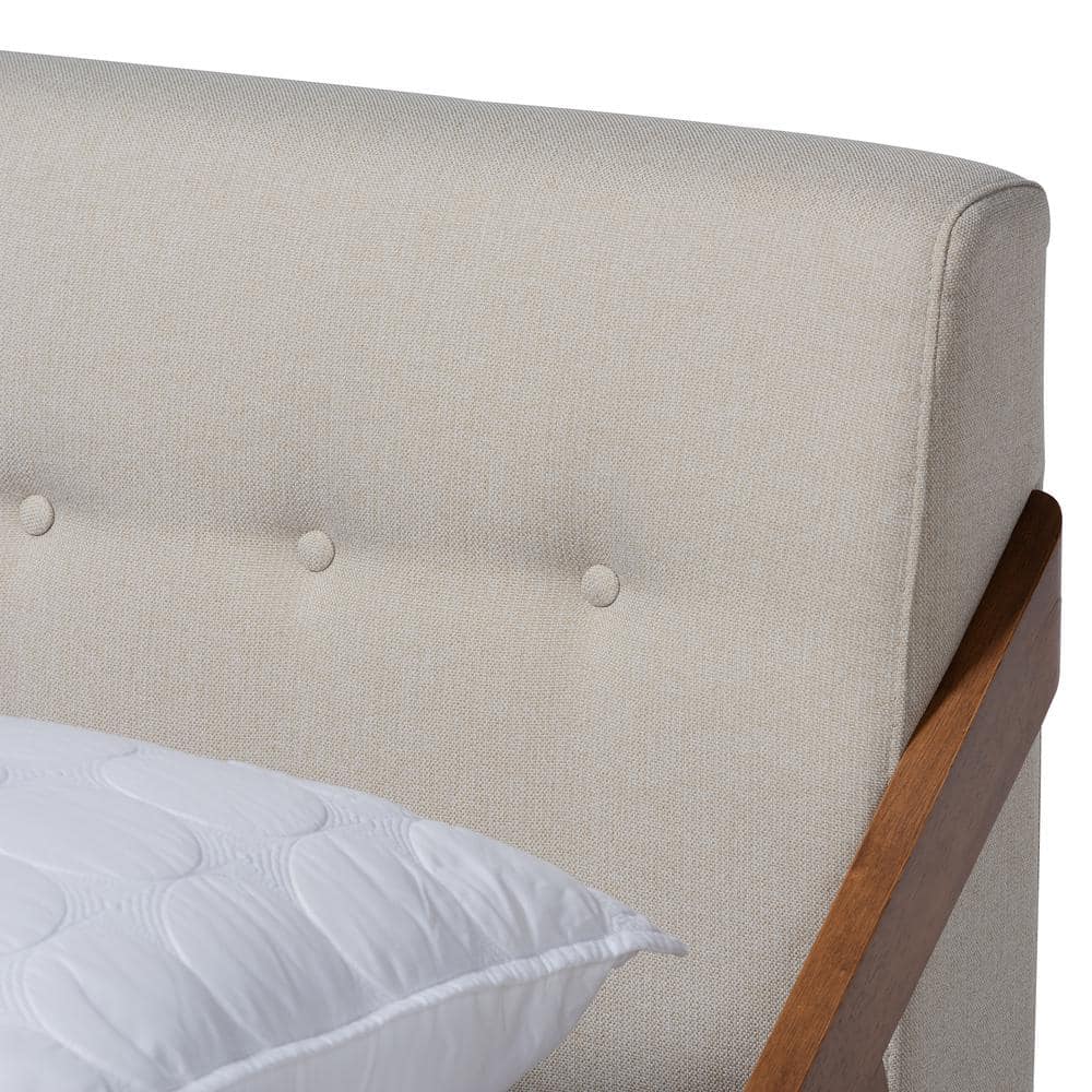 Mid-Century Modern Beige Upholstered Walnut Full Platform Bed