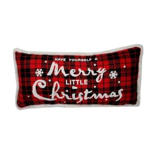 Merry Christmas with Faux Fur Trim Christmas Check Pillow, 10 in. x 20 in.