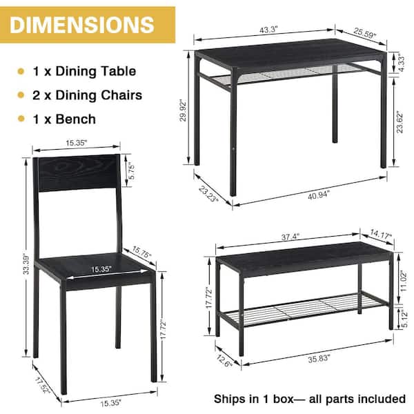 43.3 in. Black Dining Table Set for 4 w/ Bench and 2-Chairs Modern Rectangular Metal Frame Kitchen Table for Small Space