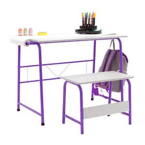 Project Center 37.75 in W Drawing/Writing Desk in Purple/Gray with Bench and Craft Paper Roll for Painting and Sketching