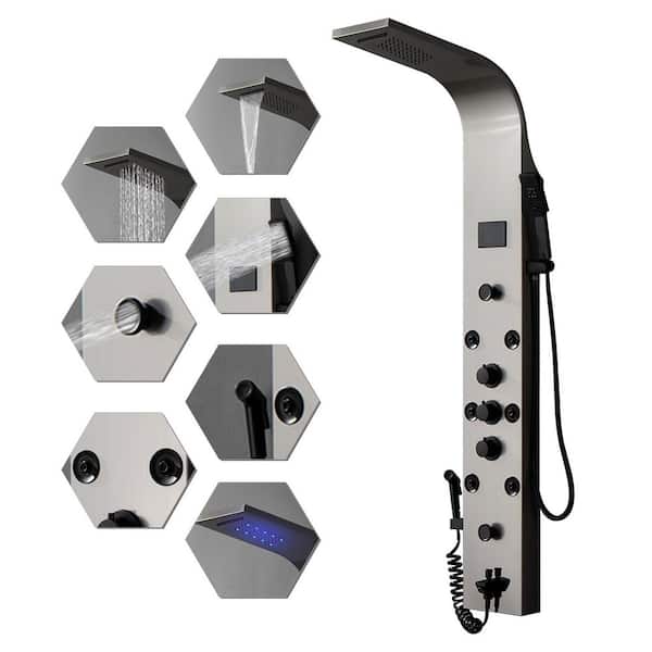 8-Jet Shower Panel System with Waterfall Shower Head and Shower Wand with LED Light in Black Nickel, Easy to Install