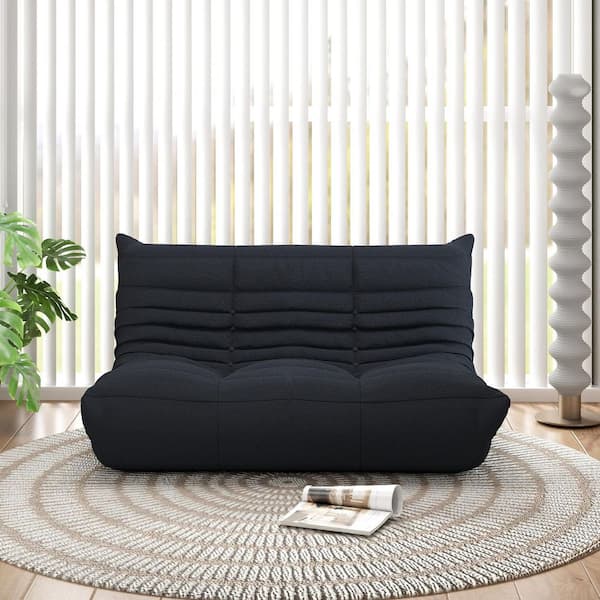 Magic Home Caterpillar 54 in. Black Velvet 2-Seats Loveseat Rectangular Fireside Lazy Floor Chair Accent Bean Bag with Memory Foam