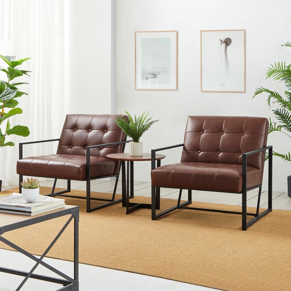 Set of 2 Brown Faux Leather and Metal Accent Chairs