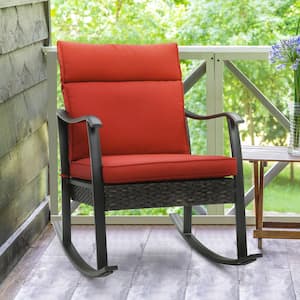 1-Piece Aluminum Rattan Guide Single Outdoor Rocking Chair with Red Cushion