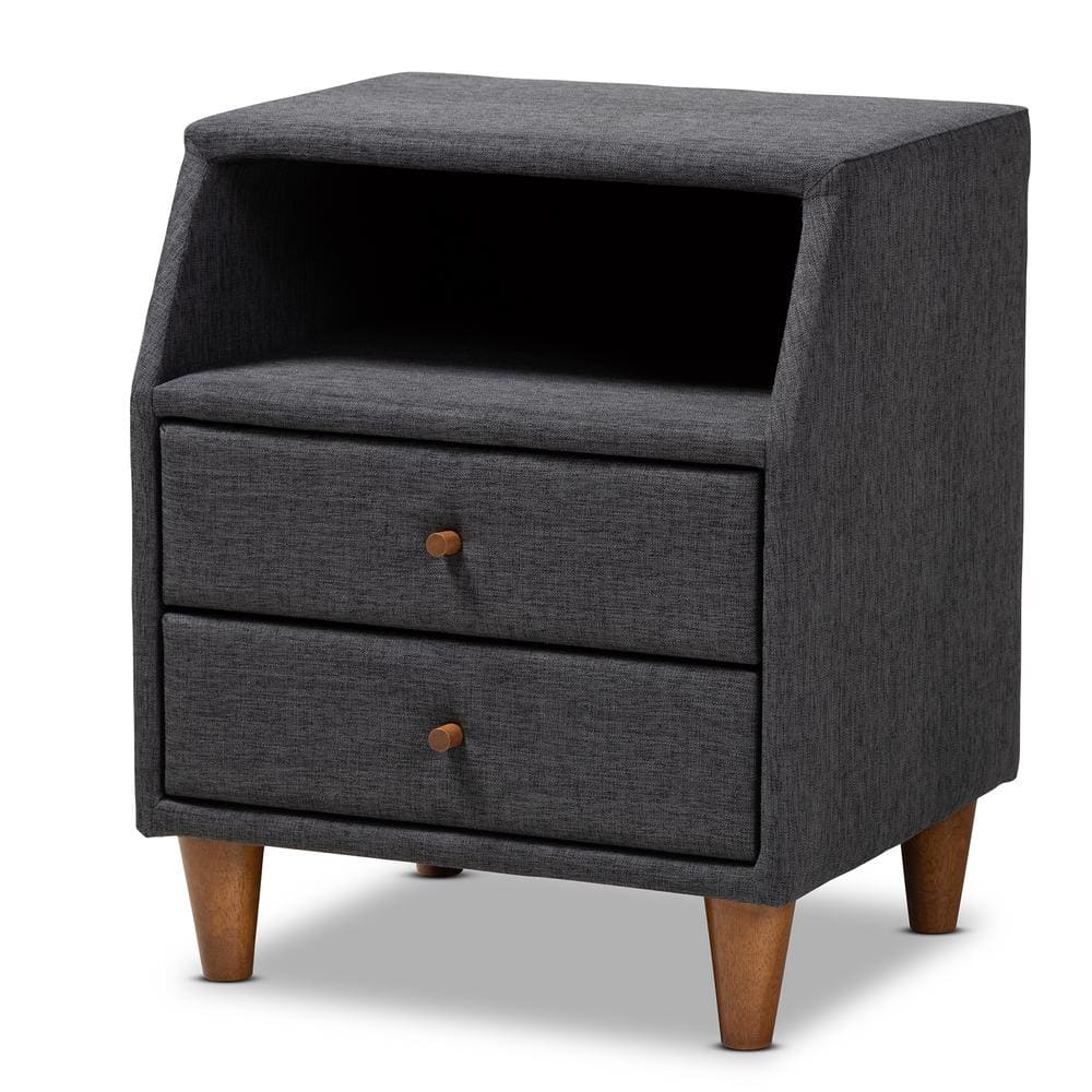 Claverie Charcoal Fabric 2-Drawer Mid-Century Modern Nightstand