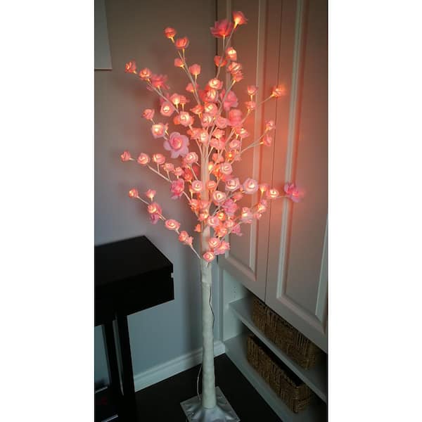 Peterson Artwares 70 in. Pre-Lit Pink Artificial Rose Lighted Tree with 96-Warm White LED Lights and stand