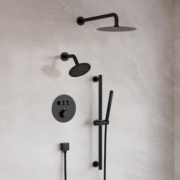 3-Function Round Wall Mount 10 in. and 6 in. Dual Shower Faucet System with Sliding Bar in Matte Black (Valve Included)