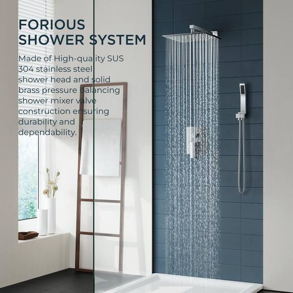 FORIOUS 12 in. 2-Jet High Pressure Shower System with Handheld in Chrome (Valve Included), Grey