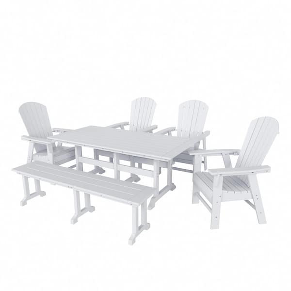 Altura Outdoor Patio Weather Resistant 6-Piece HDPE Plastic White Rectangle Adirondack Dining Set With Bench