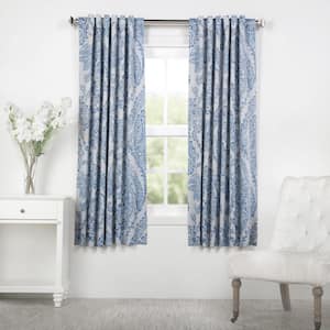 Tea Time China Blue Floral Room Darkening Curtain - 50 in. W x 63 in. L Rod Pocket with Back Tab Single Curtain Panel